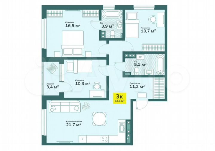 3-к. квартира, 82,8 м², 2/4 эт.
