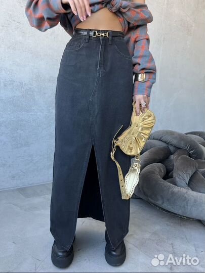 Юбка макси с разрезом, джинсовая