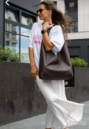 Сумка шоппер через плечо кожаная каричневая