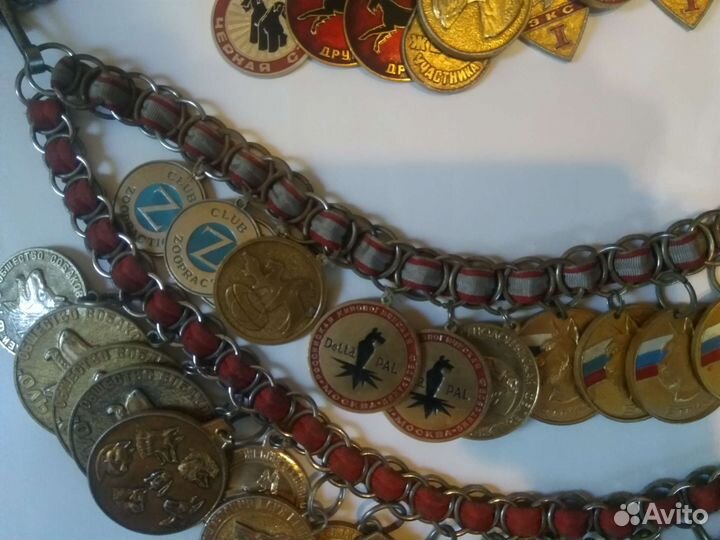 Медали собачьих выставок на выставочном ошейнике
