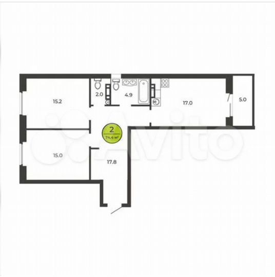 2-к. квартира, 74,4 м², 4/9 эт.
