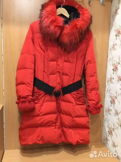 Пуховик женский пальто красн натур пух мех р 46
