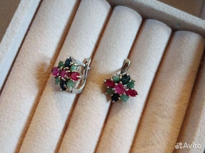 Серебряные серьги. 925. Изумруд,рубин, сапфир