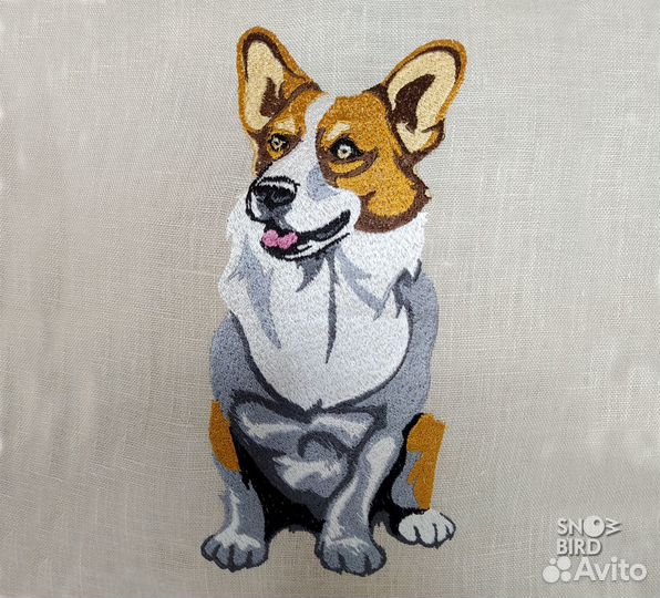 Чехол на подушку с вышивкой Корги, лён