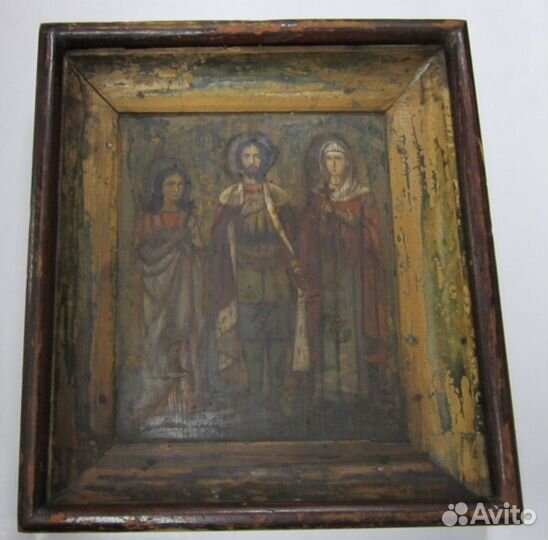 Старинная Рукописная икона. Трое Святых 19 век