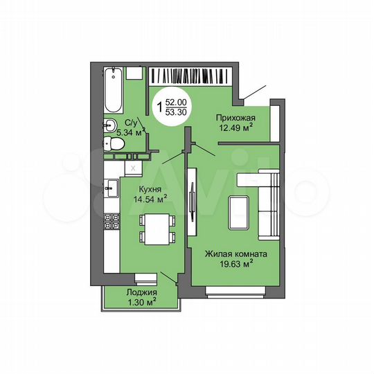 1-к. квартира, 53,3 м², 1/17 эт.