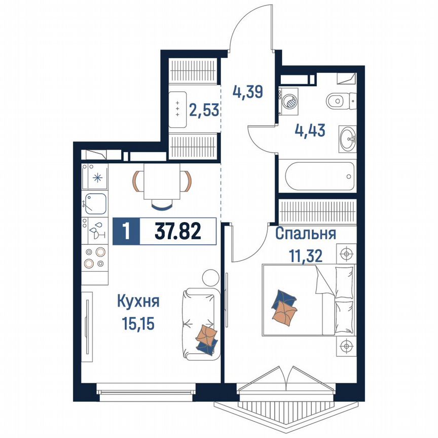 1-к. квартира, 37,8 м², 17/18 эт.