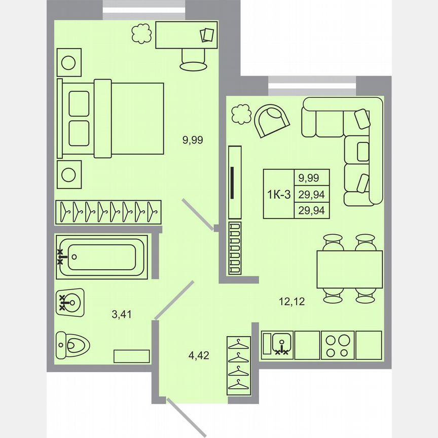 1-к. квартира, 29,9 м², 3/17 эт.