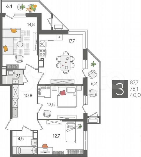 3-к. квартира, 87,7 м², 16/24 эт.