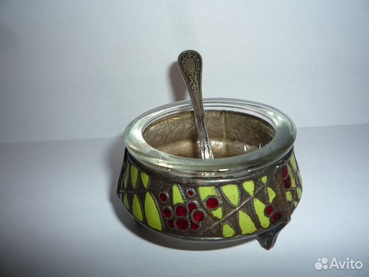Солонка мельхиор эмаль хрусталь СССР