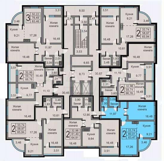 2-к. квартира, 63,5 м², 7/19 эт.