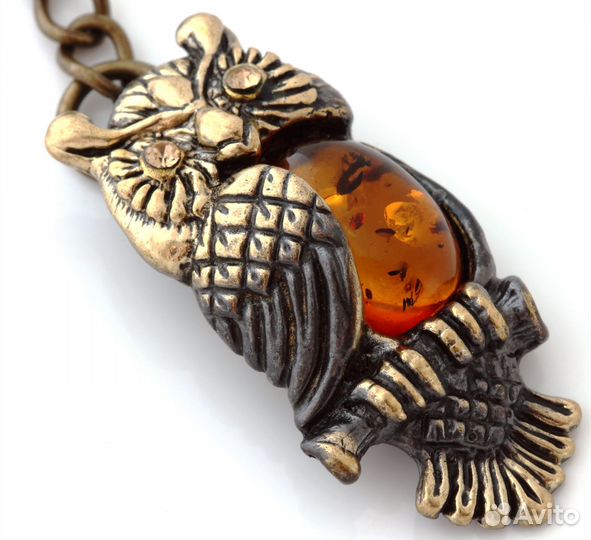 Брелок для ключей Сова латунь янтарь