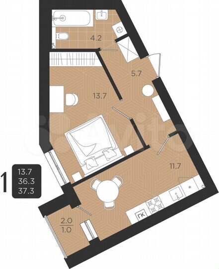 1-к. квартира, 36,3 м², 2/7 эт.