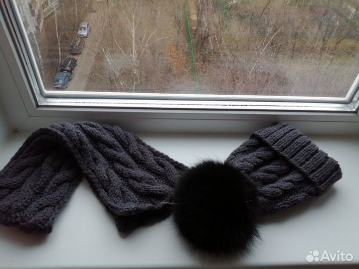 Вязаная шапка с помпоном, шарфик, снуд из мериноса