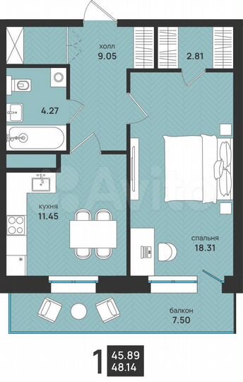 1-к. квартира, 48,1 м², 11/13 эт.