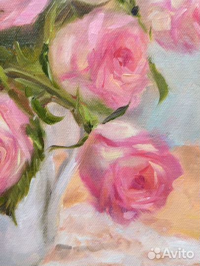 Картина с розами маслом на холсте. Букет цветов