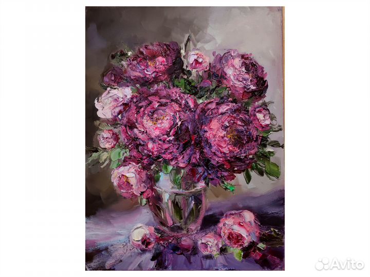 Пионы букет картина маслом с цветами 40х30см