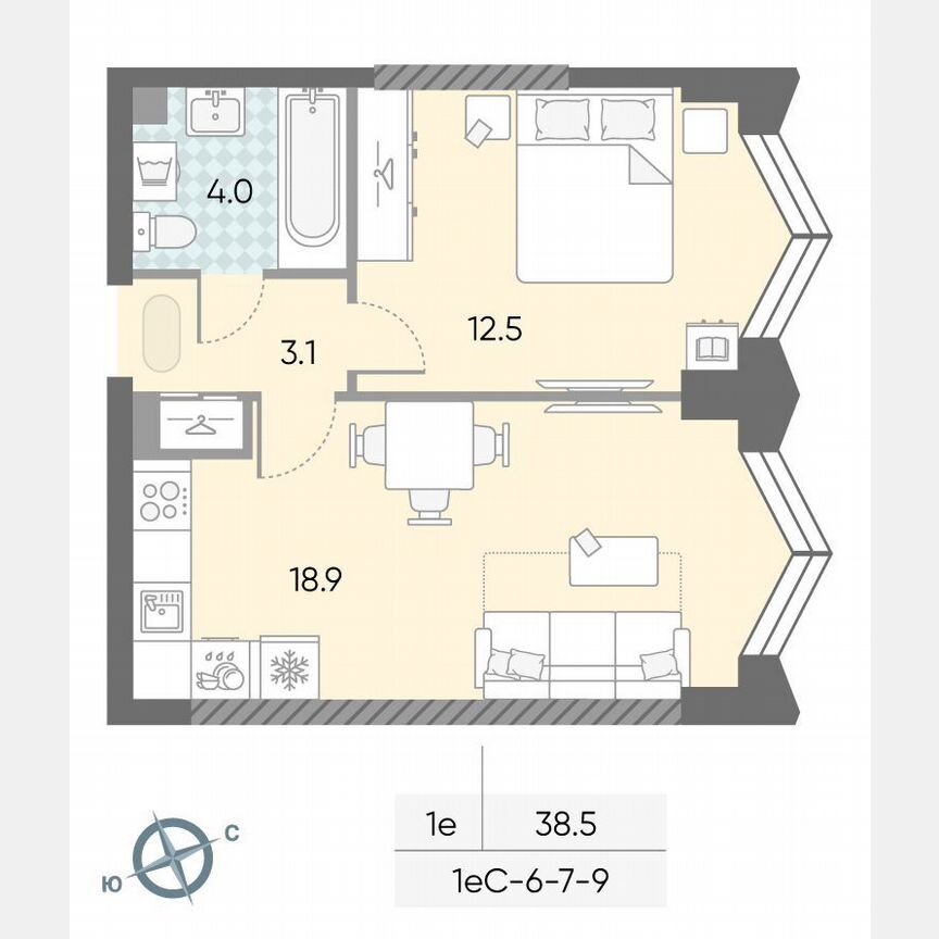 1-к. квартира, 38,5 м², 8/43 эт.