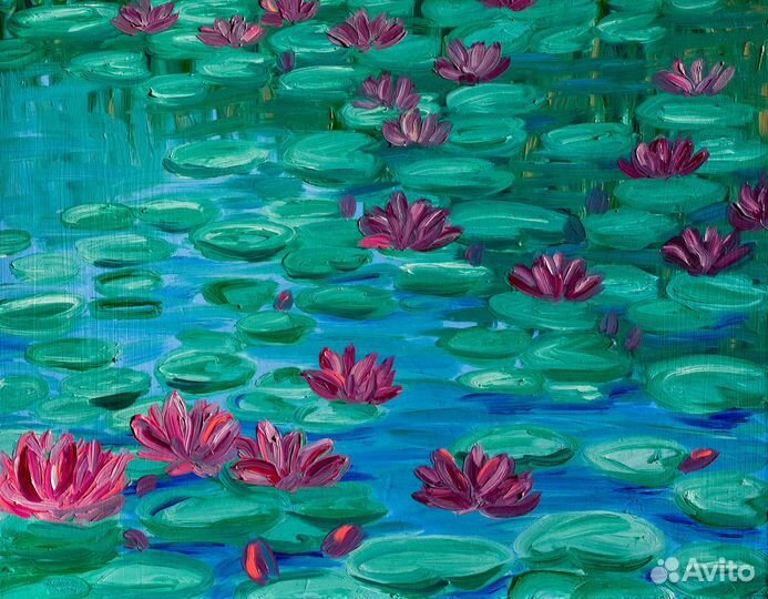 Картина оригинал водяные лилии пруд розовые цветы