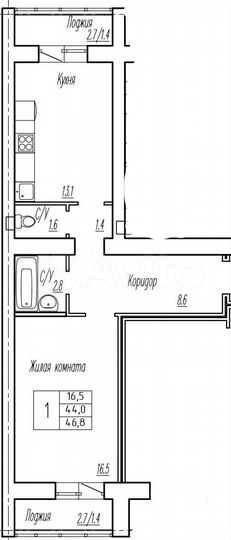 1-к. квартира, 44 м², 4/9 эт.