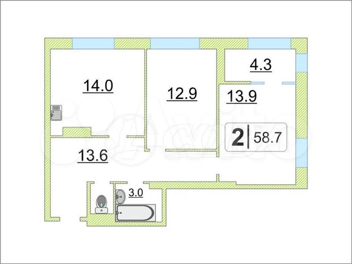 2-к. квартира, 58,7 м², 17/17 эт.