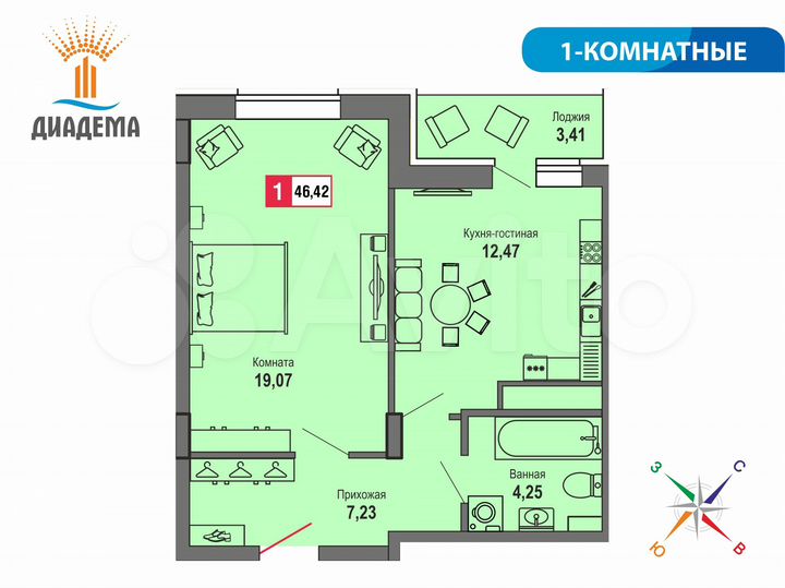 1-к. квартира, 46,4 м², 6/22 эт.