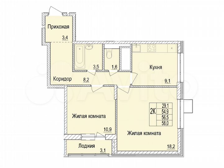 2-к. квартира, 56,5 м², 12/25 эт.
