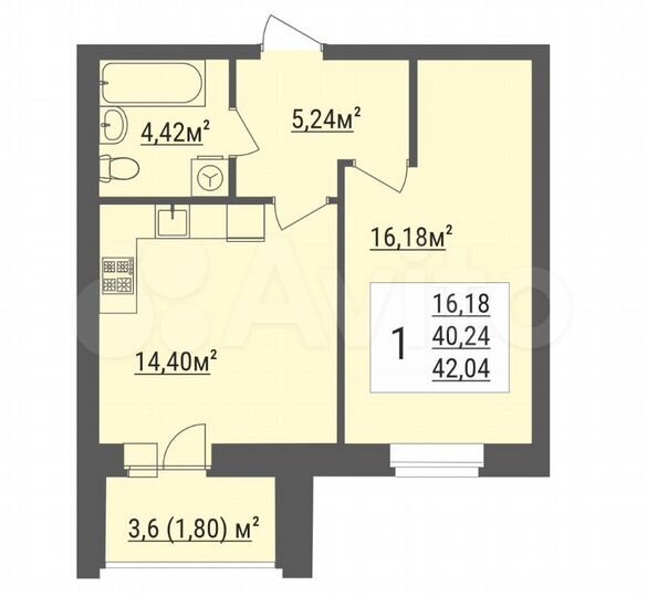 1-к. квартира, 42 м², 4/4 эт.