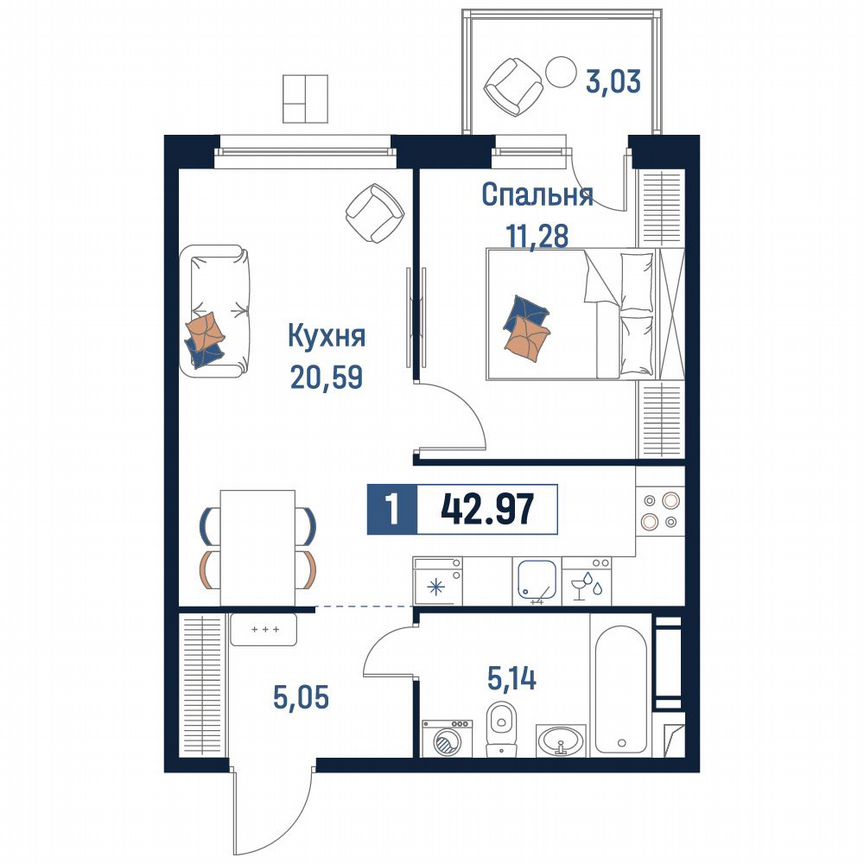 1-к. квартира, 43 м², 8/18 эт.