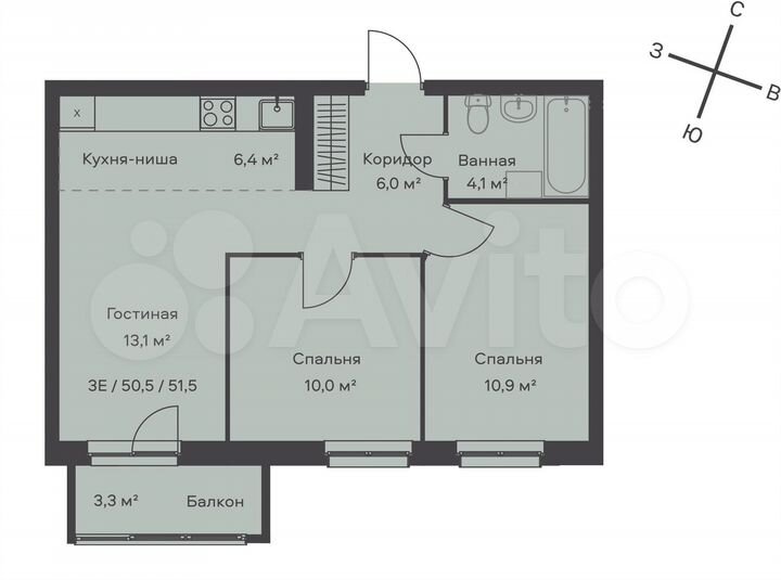 3-к. квартира, 51,5 м², 4/9 эт.