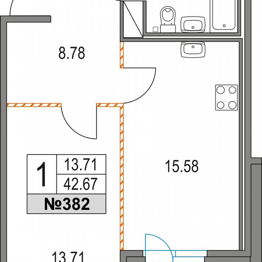 1-к. квартира, 42,7 м², 3/21 эт.