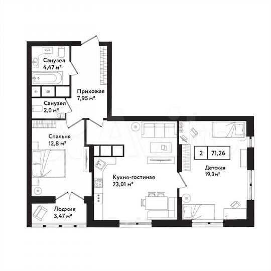 2-к. квартира, 71,3 м², 6/25 эт.