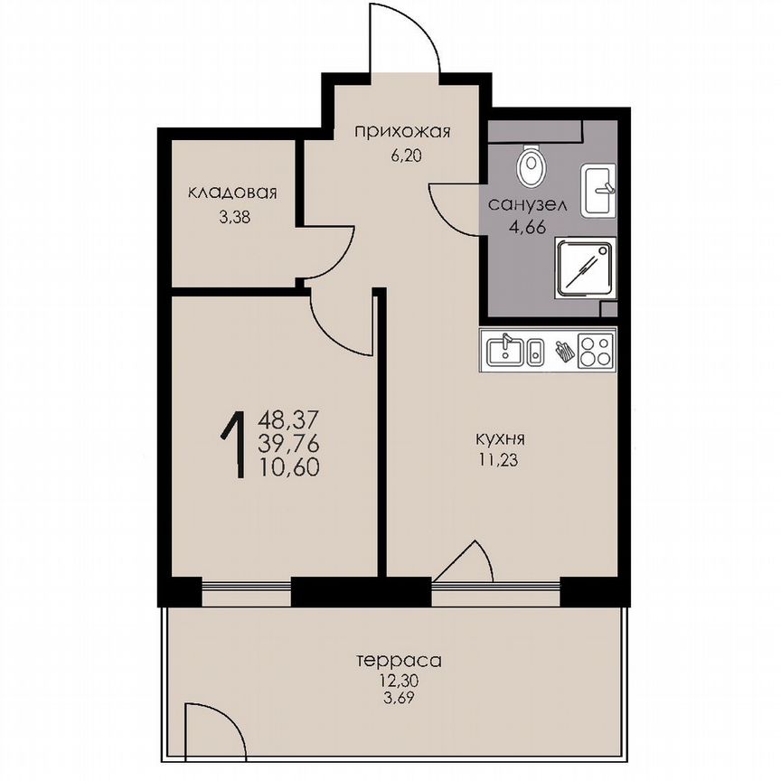 1-к. квартира, 41,3 м², 1/6 эт.