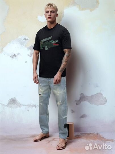 Мужская черная футболка Lacoste вышивка хлопок