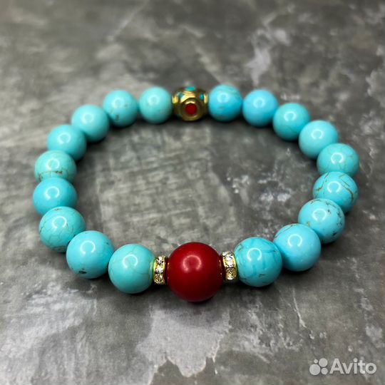 Браслет турквенит и коралл с непальской бусиной