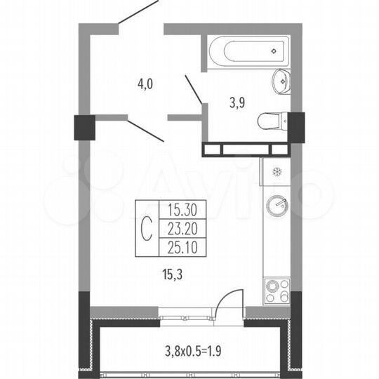 Квартира-студия, 24,7 м², 13/15 эт.