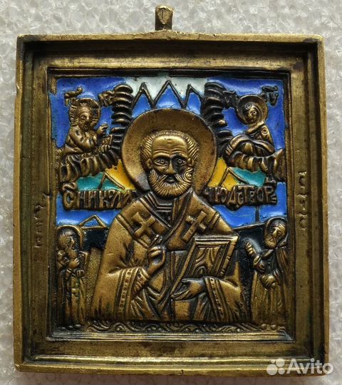 Старинная икона, Николай Чудотворец, 19 в., 6 эмал