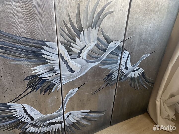 Панно картина сусальные листы триптих журавли