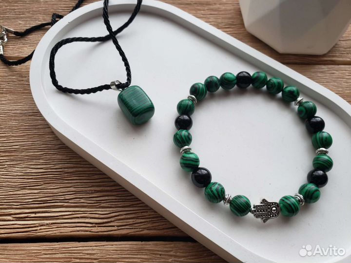 Комплект браслет и подвеска Малахит+Черный Агат