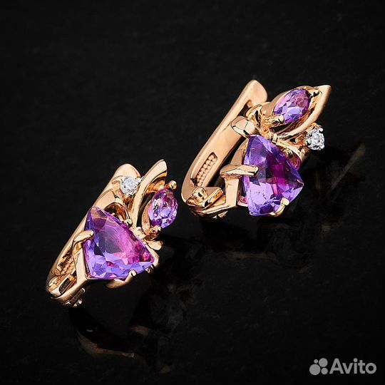 Серьги из красного золота с аметистами и фианитами