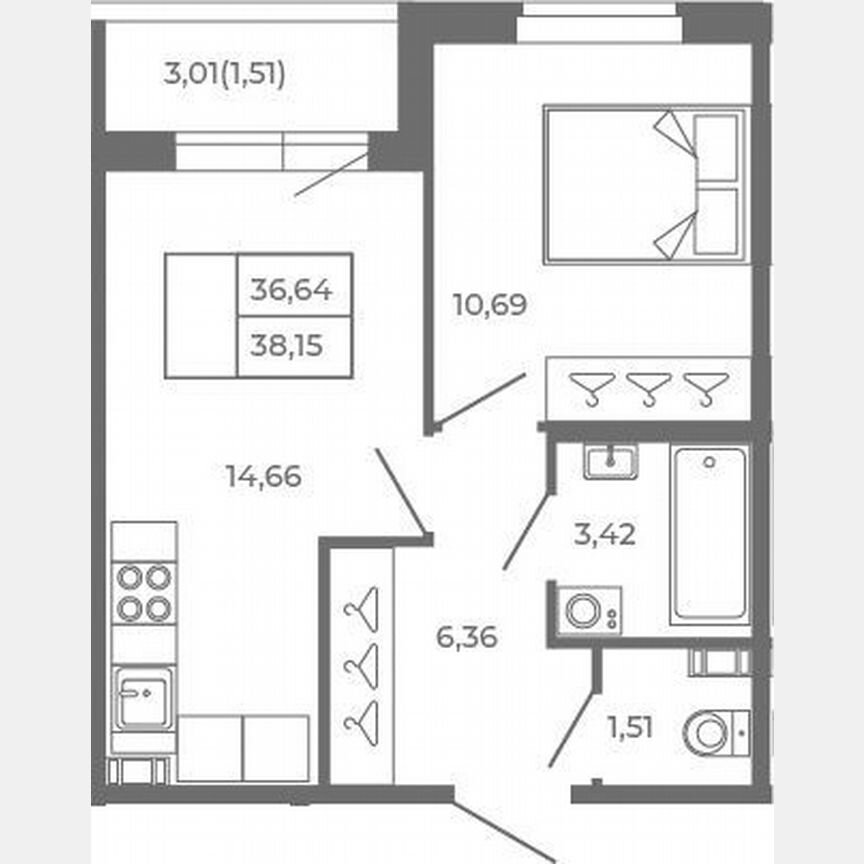 1-к. квартира, 36,6 м², 3/4 эт.