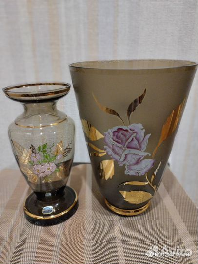 Ваза для цветов дымчатое стекло Богемия. Чехия