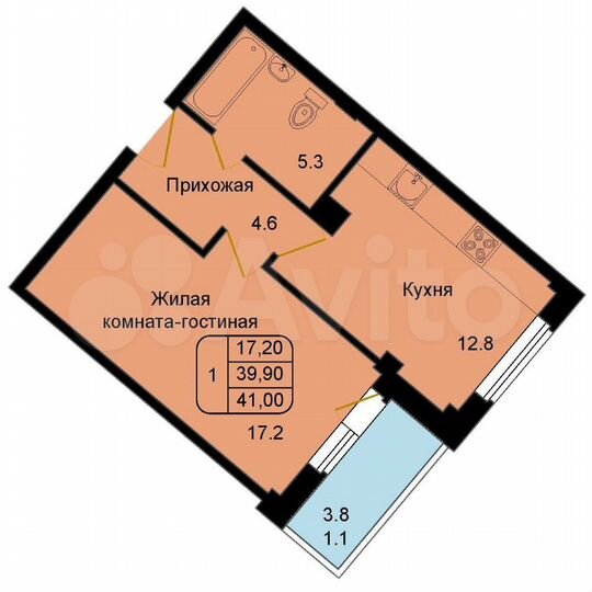1-к. квартира, 41 м², 3/9 эт.