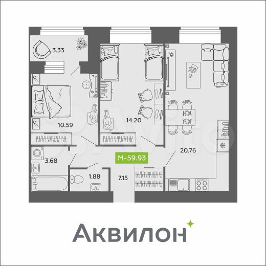 3-к. квартира, 60 м², 2/11 эт.
