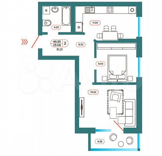 2-к. квартира, 52,3 м², 10/10 эт.