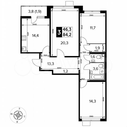 3-к. квартира, 84,2 м², 12/24 эт.