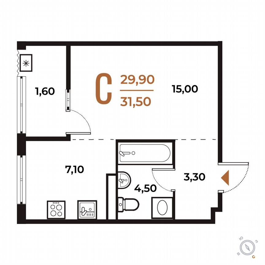 Квартира-студия, 31,5 м², 6/8 эт.