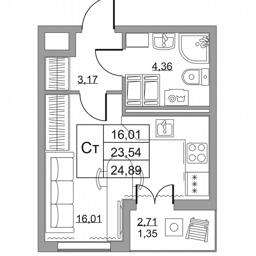 Квартира-студия, 24,9 м², 15/19 эт.