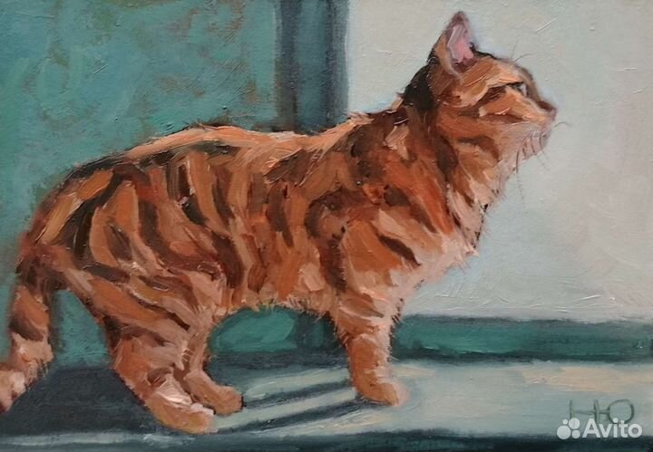 Маленькая картина маслом с рыжим котёнком на окне