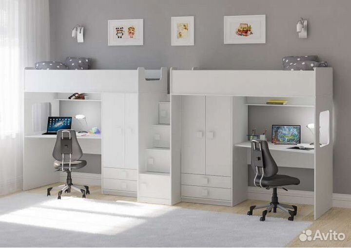 Кровати чердаки для двоих с рабочей зоной